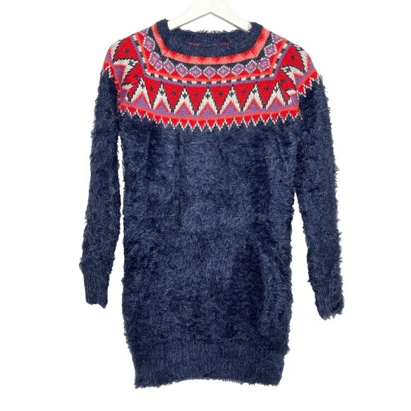Gap Kids Fuzzy Fair Isle Sweater Dress Blue Red Knit Long Sleeve Winter Cozy - Picture 1 of 12